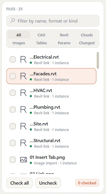 The file sidebar: a filter box, kind chips for All, CAD, Revit, Clouds, Images, Tables, Params and Changed, then rows for Revit links and image imports, each with a coloured health dot.