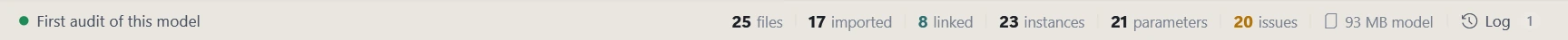 The Parapet Audit status bar: first audit of this model, then 25 files, 17 imported, 8 linked, 23 instances, 21 parameters, 20 issues and a 93 MB model.