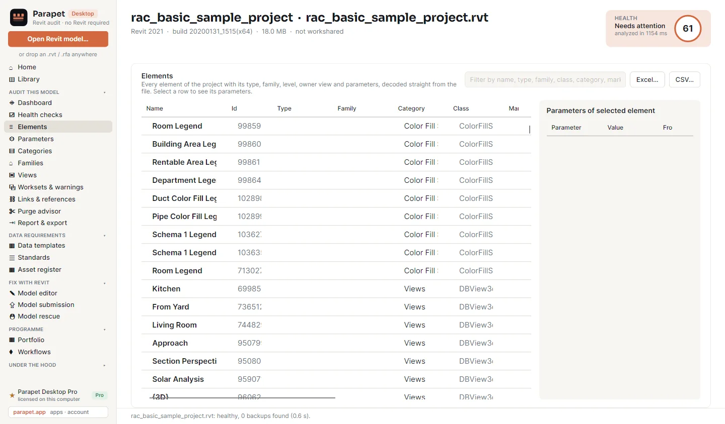 The Elements page: a table of elements with name, id, type, family, category and class, a filter box, Excel and CSV export buttons, and a panel for the parameters of the selected element.