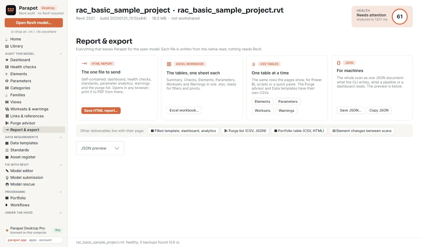 The Report and export page: an HTML report, an Excel workbook with one sheet per table, CSV tables for elements, parameters, worksets and warnings, and a JSON document, with buttons for filled templates, purge lists and the portfolio table.