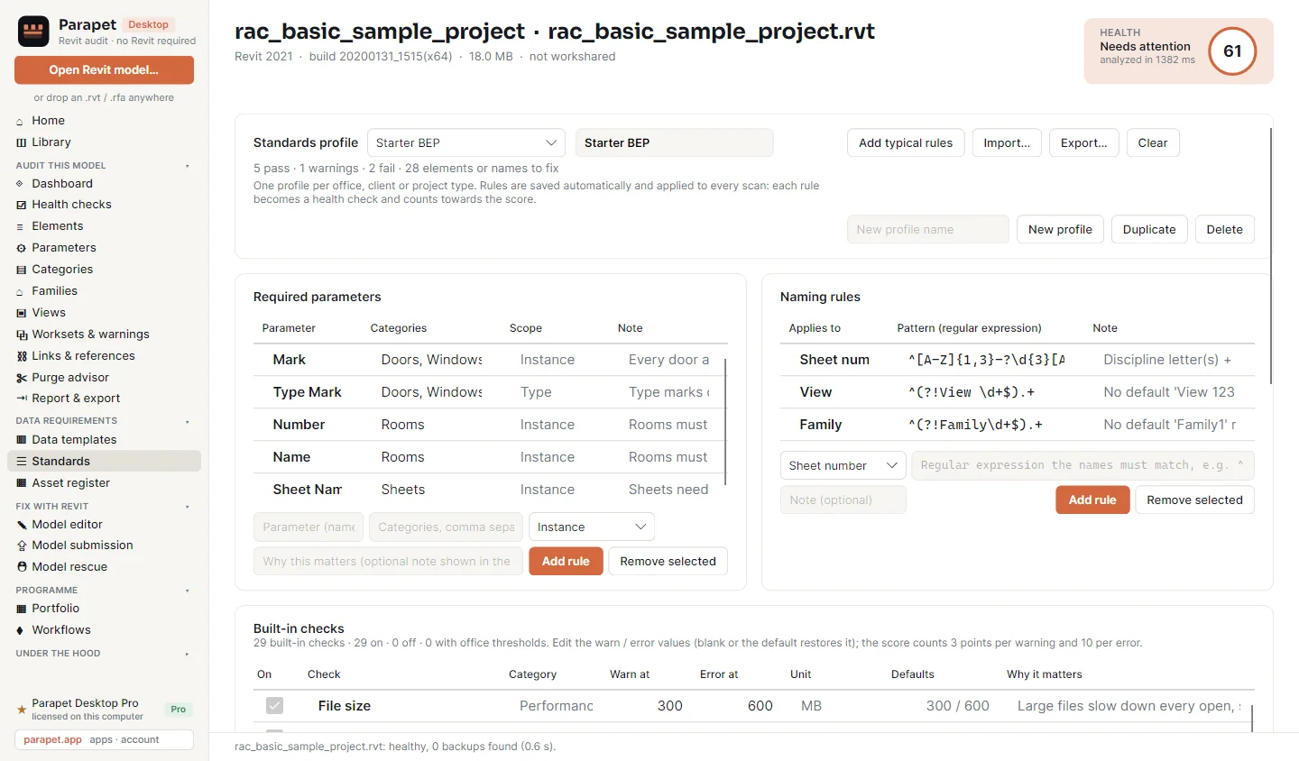 The Standards page: a profile named Starter BEP with 5 pass, 1 warning and 2 fail; required parameters such as Mark on doors and windows and Number on rooms; naming rules for sheet numbers, views and families as regular expressions; and the list of built-in checks with editable thresholds.