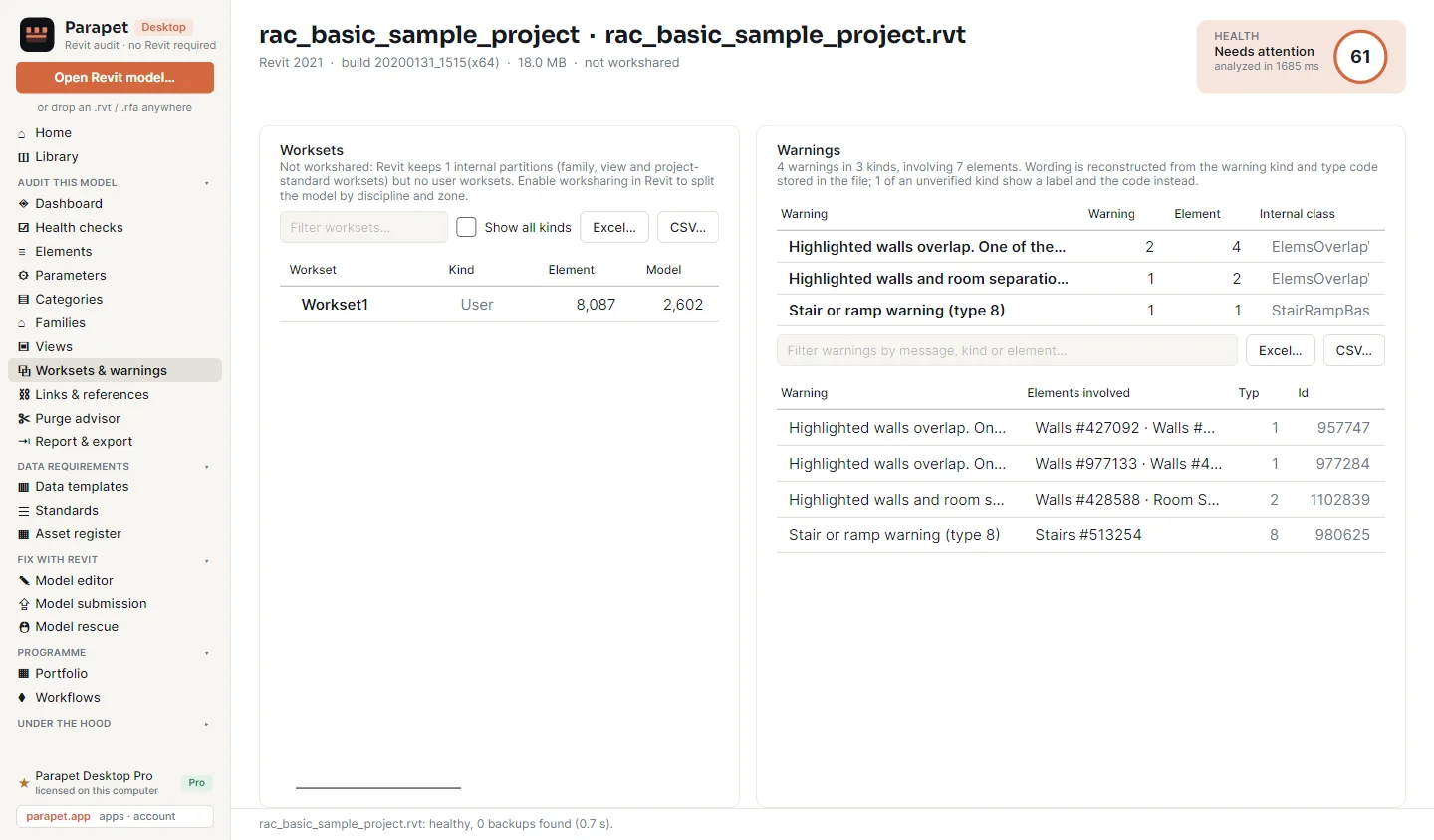 The Worksets and warnings page: one user workset with 8,087 elements, and 4 warnings in 3 kinds - highlighted walls overlap, walls and room separation lines overlap, a stair warning - each with the elements involved.