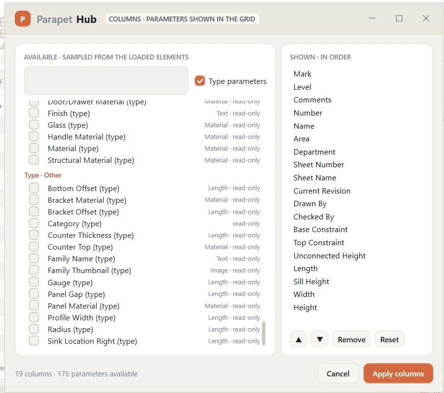 The Columns dialog scrolled to type parameters: Finish, Glass, Handle Material, Counter Thickness, Family Name and more, each labelled (type) with its data type and read-only state, with Type parameters ticked.