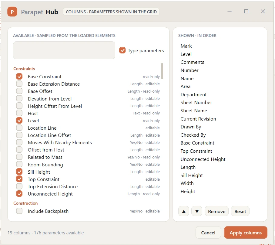 The Columns dialog: available parameters sampled from the loaded elements, grouped under Constraints - Base Constraint, Level, Sill Height, Top Constraint and Unconnected Height ticked, each marked editable or read-only - and the shown-in-order list from Mark to Height.