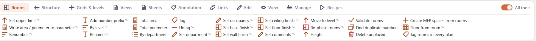 One pick, Rooms: ribbon tabs for Rooms, Structure, Grids and levels, Views, Sheets, Annotation, Links, Edit, View, Manage and Recipes - with the room tools underneath: Set upper limit, Write area or perimeter to parameter, Renumber, Add number prefix, Total area, Tag, Set occupancy, Set finishes, Move to level, Re-phase rooms, Validate rooms, Find duplicate numbers, Delete unplaced, Create MEP spaces from rooms, Floor from room, Tag rooms in every plan.