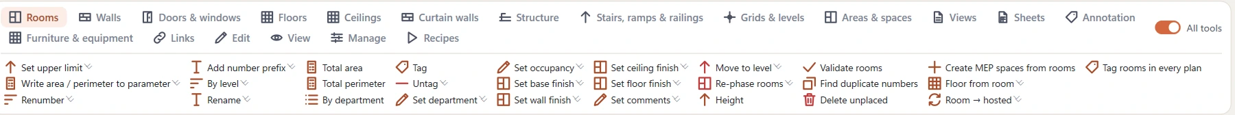 Twelve categories picked: two rows of ribbon tabs - Rooms, Walls, Doors and windows, Floors, Ceilings, Curtain walls, Structure, Stairs ramps and railings, Grids and levels, Areas and spaces, Views, Sheets, Annotation, Furniture and equipment, Links, Edit, View, Manage, Recipes - with the Rooms tab active.