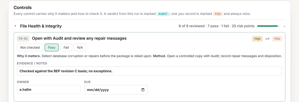 The controls table header explaining that a verdict from the run is marked AUDIT and one you record is marked YOU, above a File Health and Integrity category summary and a control with Pass selected, recorded evidence, an owner and a due date.