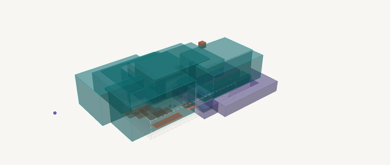 A 3D view of the audited model: translucent boxes for each placed file sitting on their levels, a purple point-cloud box offset to one side, and a single small dot far to the left representing a file placed a mile from the origin.