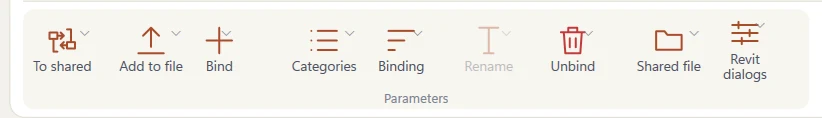 The Parameters ribbon tab: To shared, Add to file, Bind, Categories, Binding, Rename, Unbind, Shared file and Revit dialogs.