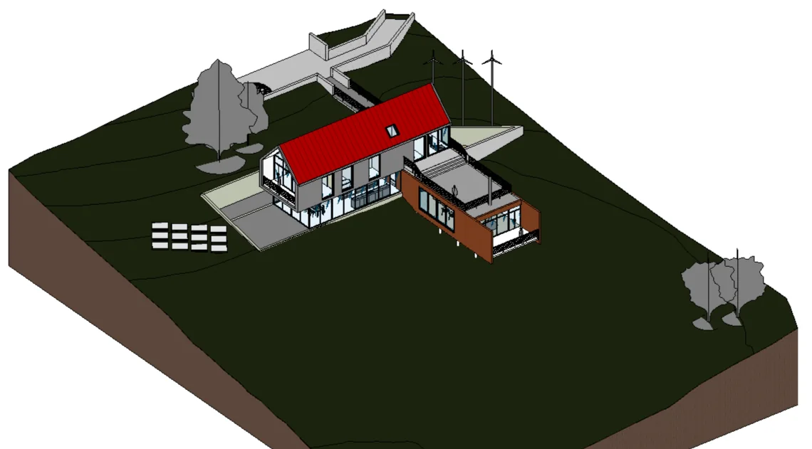 A Revit 3D view of a sample house after a comparison: the roof is coloured red for fail, the other elements keep their own colours.