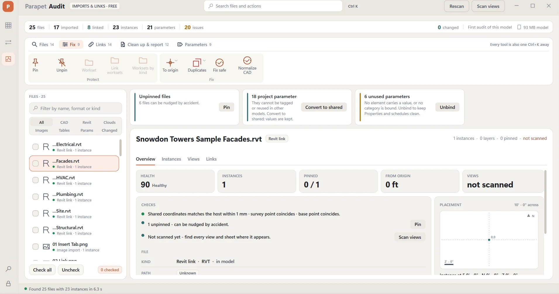 The Parapet Audit Fix tab: Pin, Unpin, Workset and Worksets by kind under Protect; To origin, Duplicates, Fix safe and Normalize CAD under Fix - over the file list and inspector.